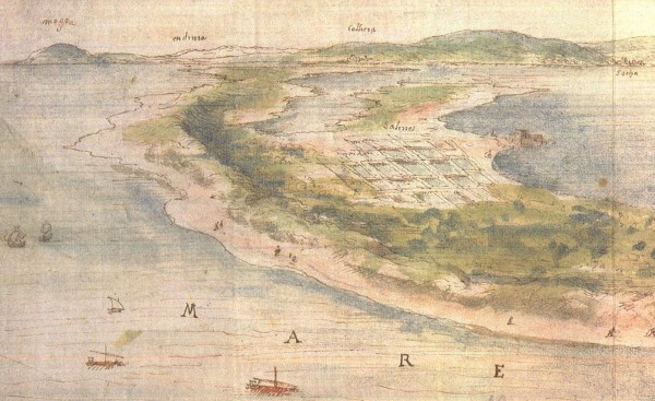 Fig.2 : Vue de la Albufera de Valencia… par Anton van der Wyngaerde, 1563. détail de la figure 1: le double cordon littoral de la lagune vers le sud (Cullera) et les salines de l’Albufera