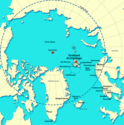 L’archipel norvégien de Svalbard entre le pôle Nord, le Groenland et la Scandinavie (source : francais.vacationstogo.com)