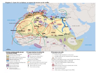 Le Sahara, un espace de tensions et de conflits (Carte extraite de l'ouvrage "La mondialisation contemporaine", N.Balaresque, D.Oster, Nathan,  2013).