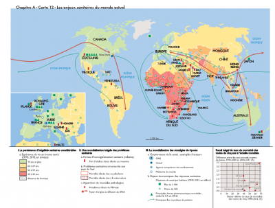 3 - Carte des enjeux sanitaires (Carte extraite de l'ouvrage "La mondialisation contemporaine", N.Balaresque, D.Oster, Nathan,  2013).
