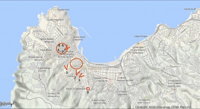 Plan de Valparaiso avec ses collines; localisation des croquis